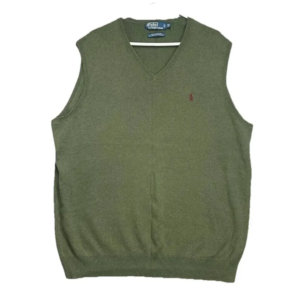 POLO RALPH LAUREN 100% Pima Cotton Sweater Vest‎ Men’s XLT Green V-Neck Red Pony